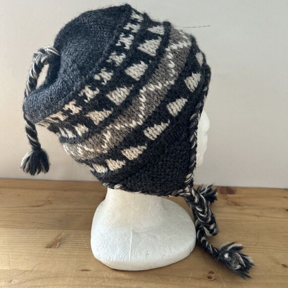 Everest Designs Ear Flap Hat Charcoal/Brown Wool Fleece-Lined Beanie Hat Nepal - Picture 4 of 10